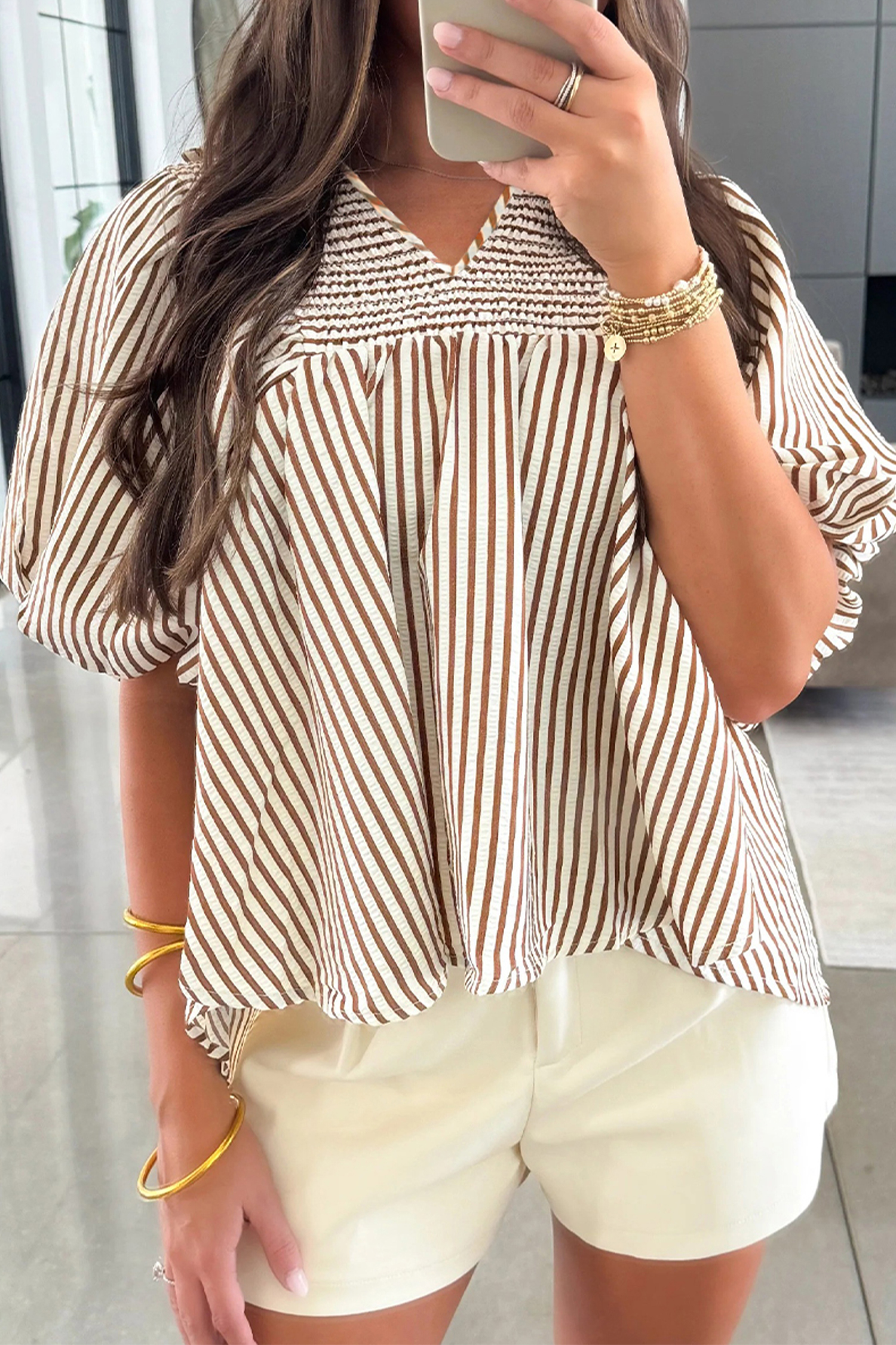 Chic Brown Stripe Short Puff Sleeve Blouse for Women – V Neck Casual Style for Summer - Detail View 2 Chic Brown Stripe Short Puff Sleeve Blouse for Women – V Neck Casual Style for Summer - Detail View 2