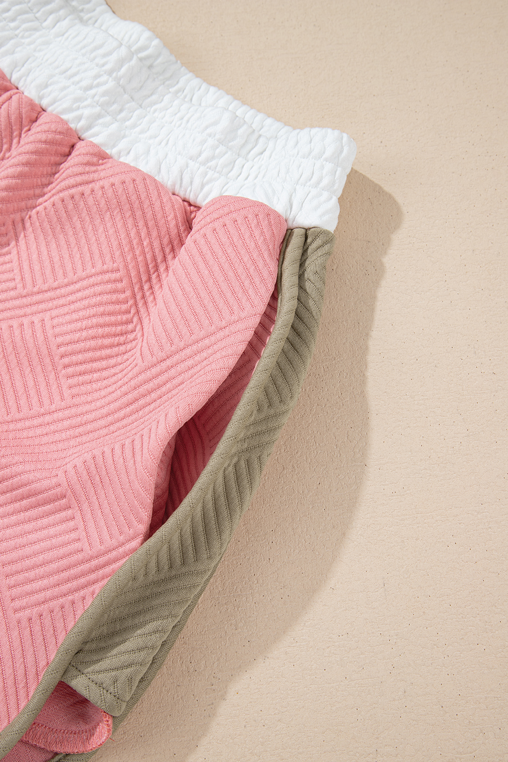 Women's Pink Textured Colorblock Patchwork Tee and High-Waist Shorts Set - Detail View 17 Women's Pink Textured Colorblock Patchwork Tee and High-Waist Shorts Set - Detail View 17