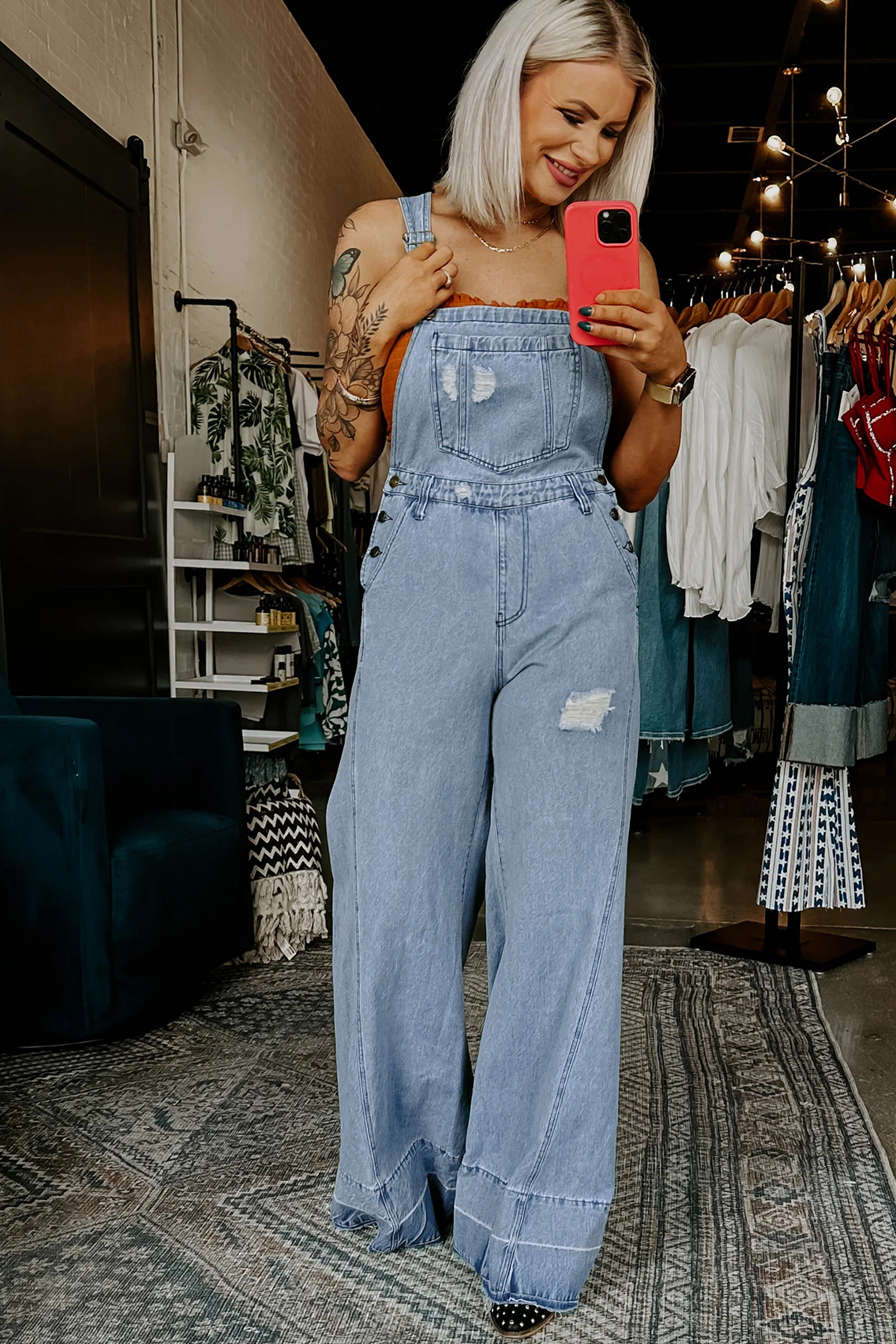 Vintage-Inspired Mist Blue Denim Jumpsuit – Relaxed Wide Leg Overalls for Daily Wear and Office Styling - Detail View 6 Vintage-Inspired Mist Blue Denim Jumpsuit – Relaxed Wide Leg Overalls for Daily Wear and Office Styling - Detail View 6
