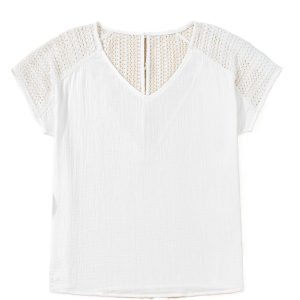 Women's White Lace Crochet Textured Button Back V Neck T-Shirt for Casual and Vacation Wear - Main View