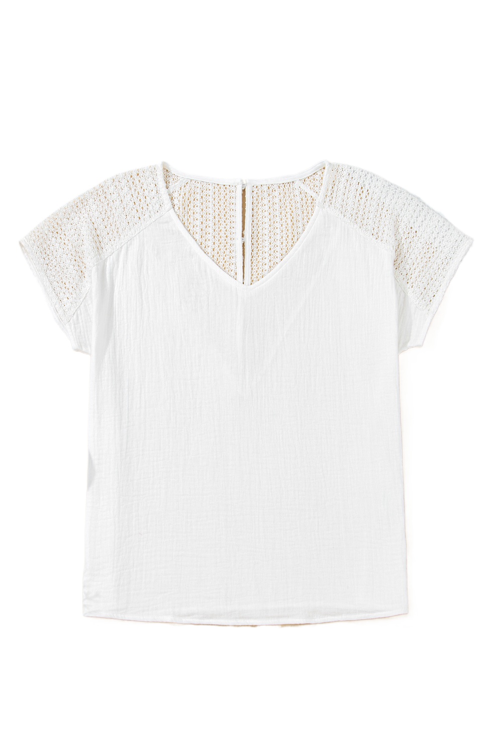Women's White Lace Crochet Textured Button Back V Neck T-Shirt for Casual and Vacation Wear - Main View Women's White Lace Crochet Textured Button Back V Neck T-Shirt for Casual and Vacation Wear - Main View