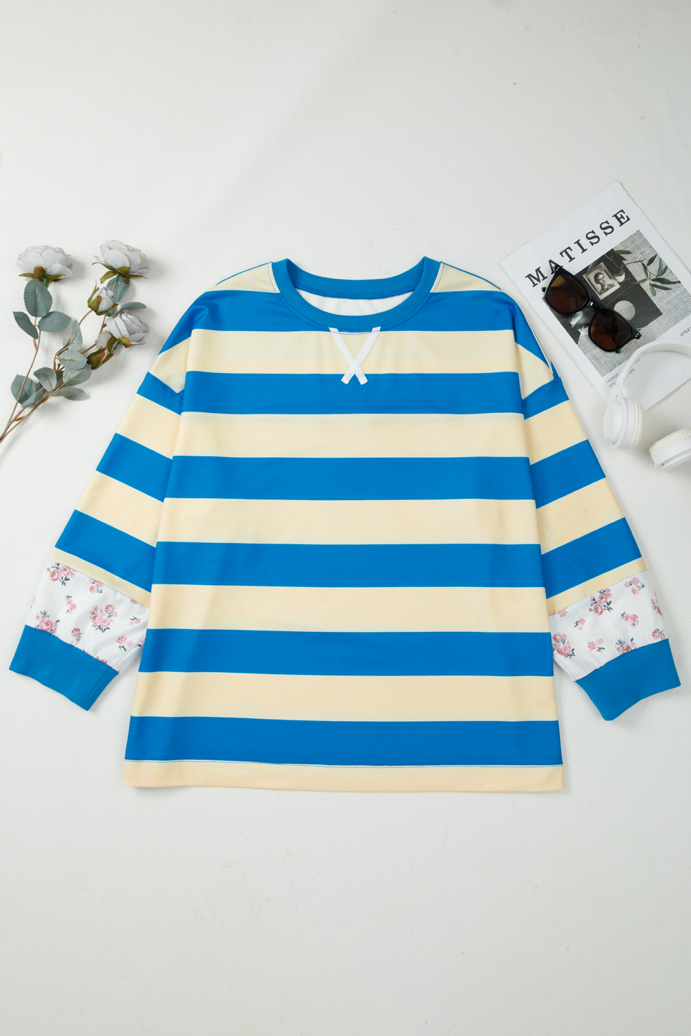Casual Long Sleeve Pullover for Women - Blue Stripe and Floral Color Block - Detail View 10 Casual Long Sleeve Pullover for Women - Blue Stripe and Floral Color Block - Detail View 10
