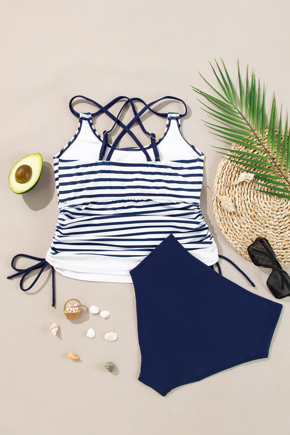 Women's Blue Stripe Drawstring Tummy Control 2-Piece Tankini Swimsuit - Detail View 21 Women's Blue Stripe Drawstring Tummy Control 2-Piece Tankini Swimsuit - Detail View 21