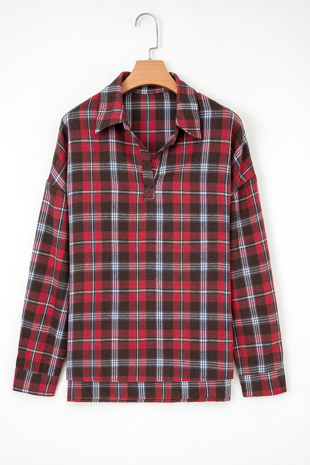 Everyday Wear: Women's V Neck Blouse with Side Slits in Red Plaid Pattern - Detail View 3 Everyday Wear: Women's V Neck Blouse with Side Slits in Red Plaid Pattern - Detail View 3
