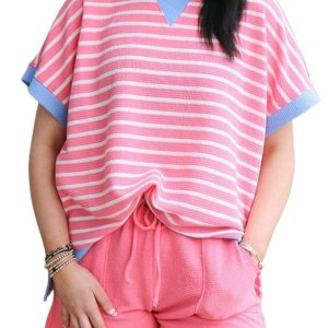 Women's Pink Striped Short Sleeve Top – Loose Fit Casual Shift Tee with Contrast Trim - Main View