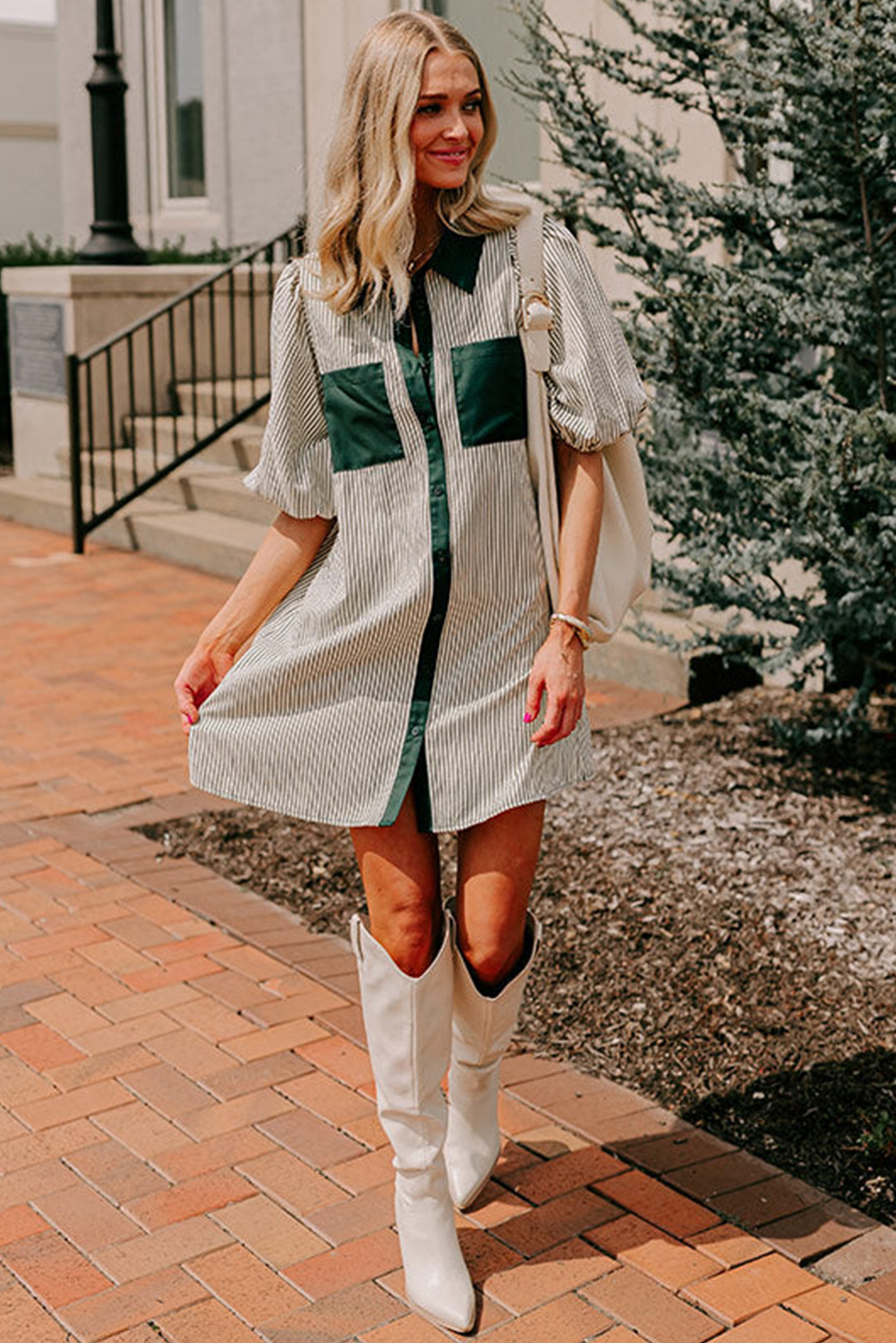 Stylish Green Collared Mini Dress with Elastic Cuffs and Color Block Design - Detail View 7 Stylish Green Collared Mini Dress with Elastic Cuffs and Color Block Design - Detail View 7