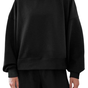 Casual Women's Black Ribbed Pullover and Shorts Set – Ideal for Daily Wear - Main View