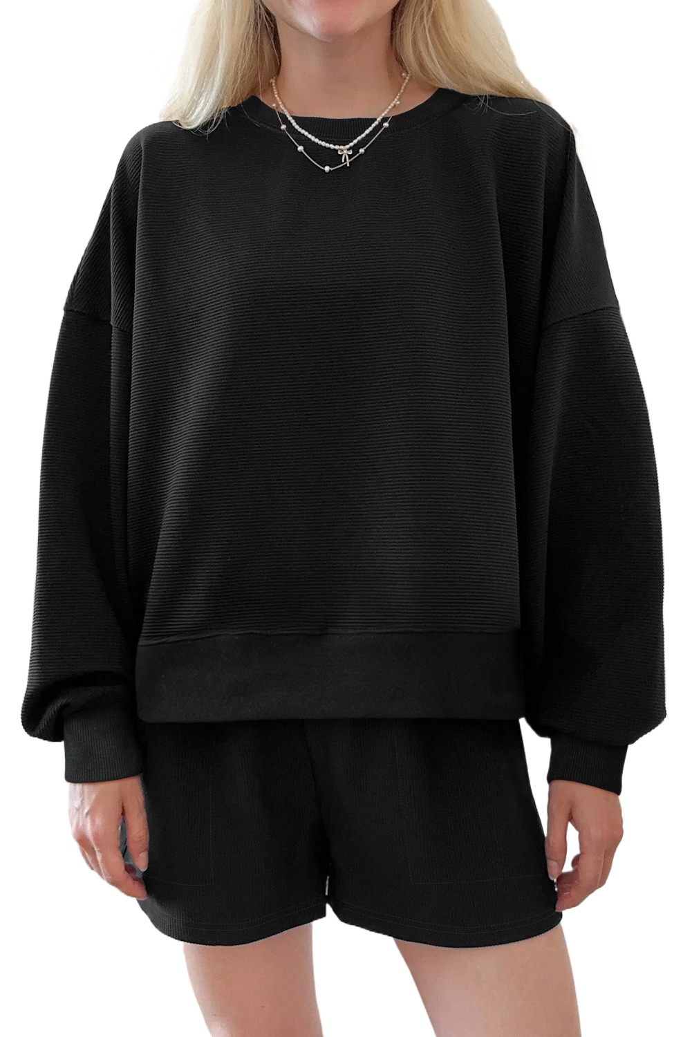 Casual Women's Black Ribbed Pullover and Shorts Set – Ideal for Daily Wear - Main View Casual Women's Black Ribbed Pullover and Shorts Set – Ideal for Daily Wear - Main View
