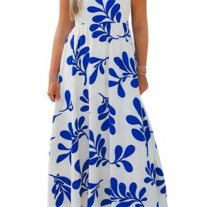 Women's Blue Floral Print Crisscross Tie Back Dress – Casual Sleeveless Long Dress for Summer - Main View