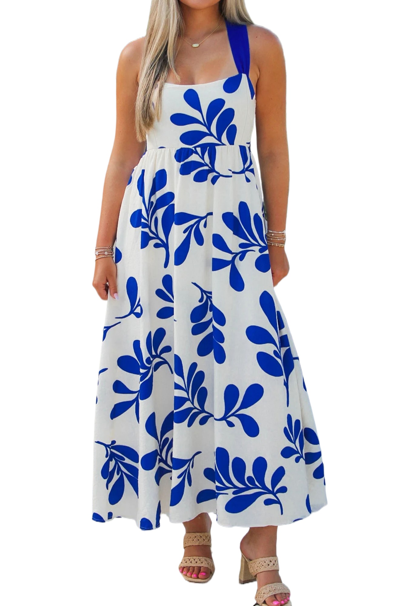 Women's Blue Floral Print Crisscross Tie Back Dress – Casual Sleeveless Long Dress for Summer - Main View Women's Blue Floral Print Crisscross Tie Back Dress – Casual Sleeveless Long Dress for Summer - Main View