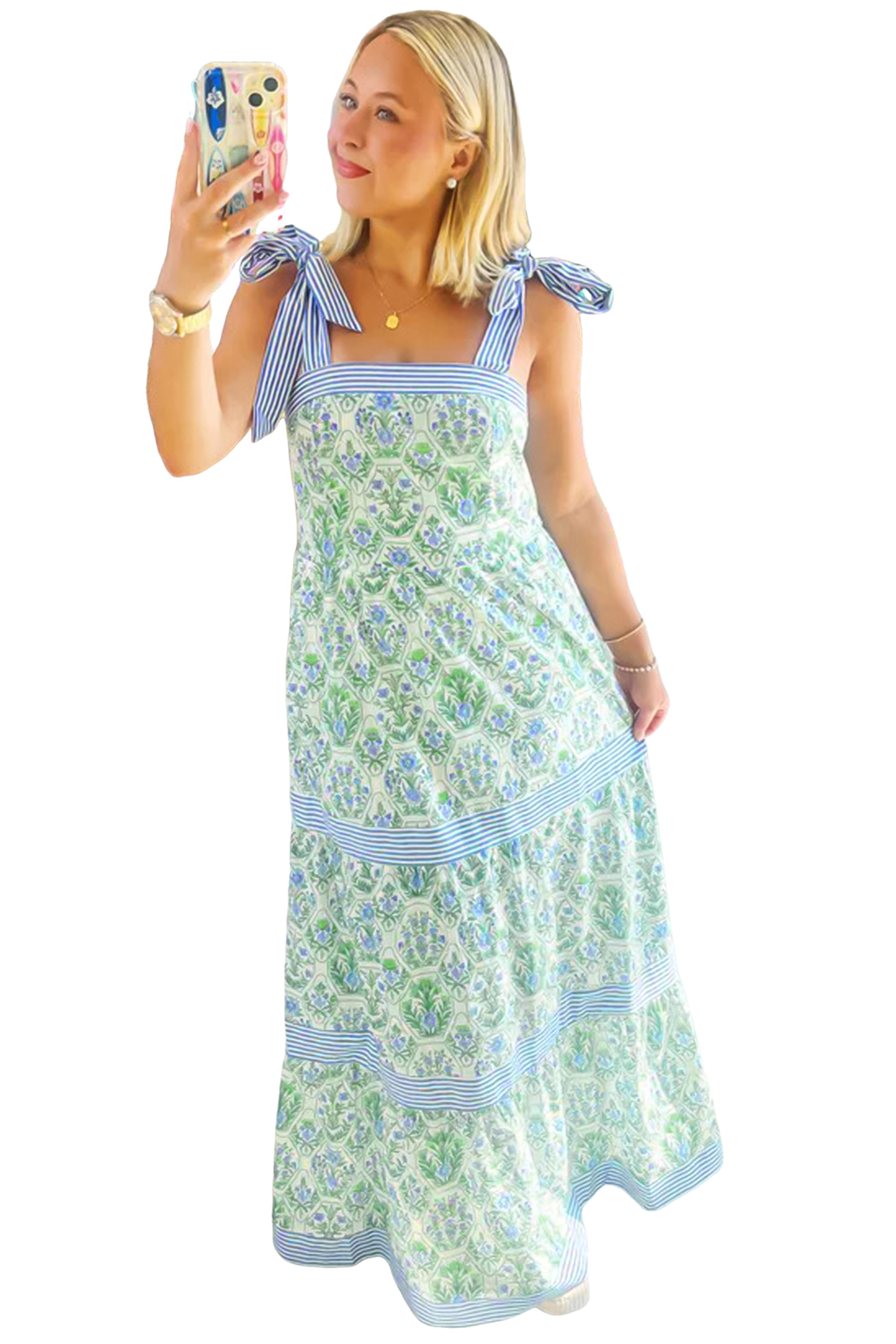 Women's Country A-Line Maxi Dress – Floral Patchwork Print - Detail View 17 Women's Country A-Line Maxi Dress – Floral Patchwork Print - Detail View 17