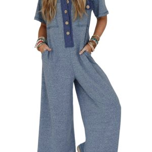 Chic Women's Beau Blue Half Placket Wide Leg Jumpsuit with Chest Pockets - Main View