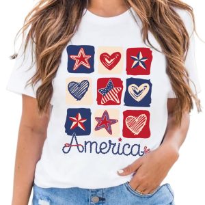 Women's White American Heart Star Checkered Graphic Tee - Casual Summer Style - Main View