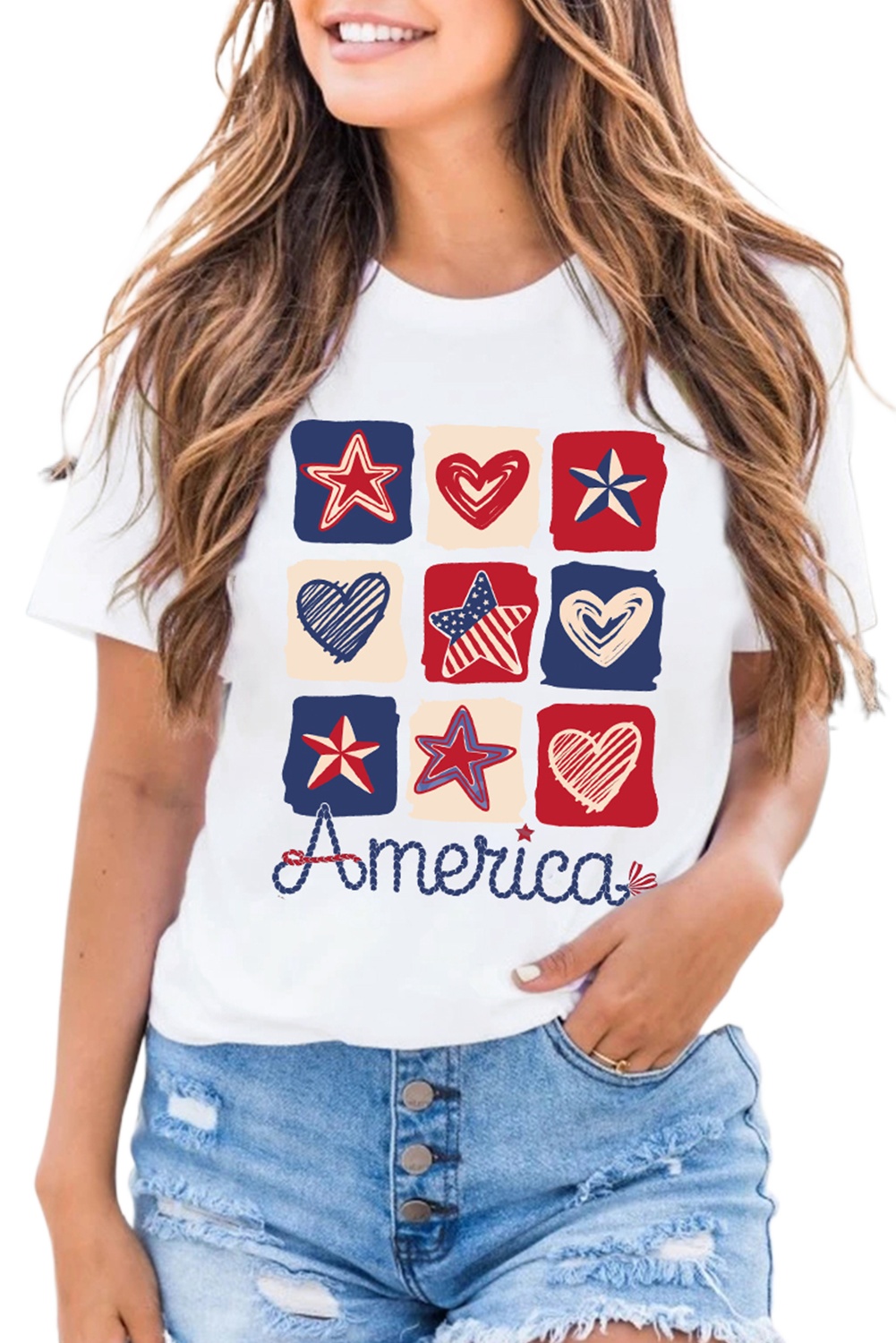 Women's White American Heart Star Checkered Graphic Tee - Casual Summer Style - Main View Women's White American Heart Star Checkered Graphic Tee - Casual Summer Style - Main View
