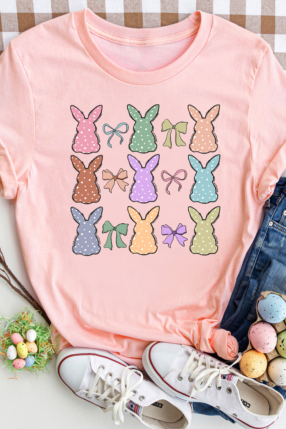 Fun and Festive Women's Round Neck T-Shirt - Pink Dotty Pattern for Easter - Detail View 3 Fun and Festive Women's Round Neck T-Shirt - Pink Dotty Pattern for Easter - Detail View 3