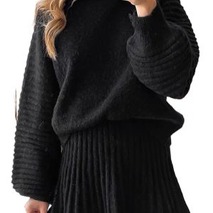 Women's Black High Neck Puff Sleeve Sweater & Pleated Mini Skirt Set – Casual Winter Outfit - Main View