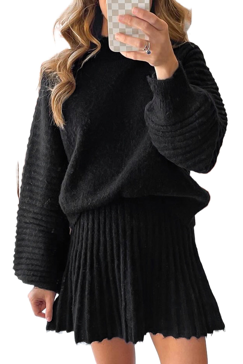 Women's Black High Neck Puff Sleeve Sweater & Pleated Mini Skirt Set – Casual Winter Outfit - Main View Women's Black High Neck Puff Sleeve Sweater & Pleated Mini Skirt Set – Casual Winter Outfit - Main View