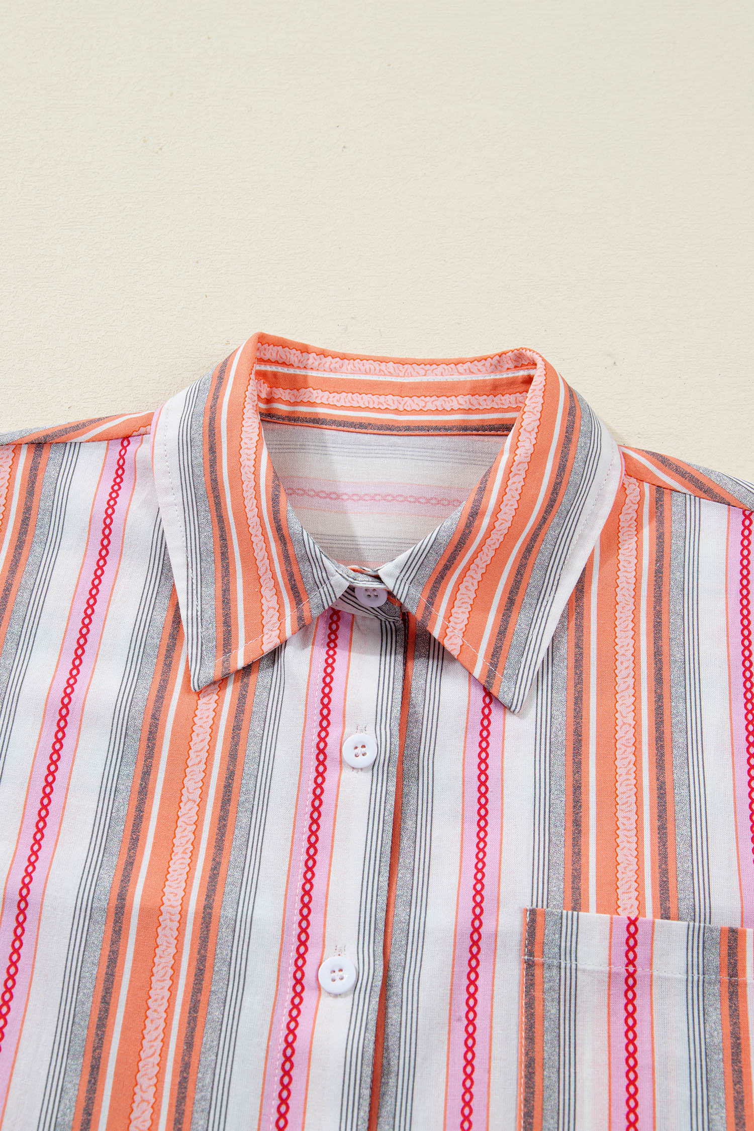 Women's Pink Stripe Short Sleeve Button-Up Shirt – Casual Summer Style for Daily Wear - Detail View 7 Women's Pink Stripe Short Sleeve Button-Up Shirt – Casual Summer Style for Daily Wear - Detail View 7