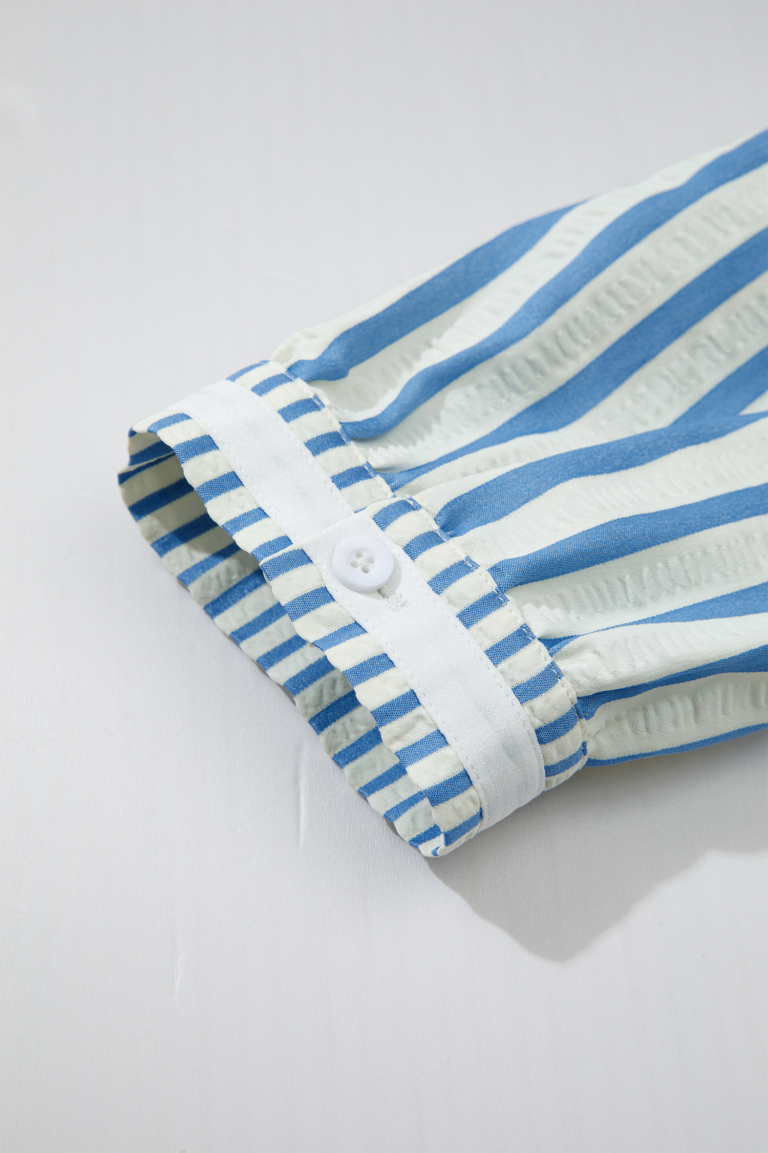 Striped 3/4 Sleeve Women's Shirt, Sky Blue Textured Cotton Blend Summer Blouse for Vacation - Detail View 8 Striped 3/4 Sleeve Women's Shirt, Sky Blue Textured Cotton Blend Summer Blouse for Vacation - Detail View 8
