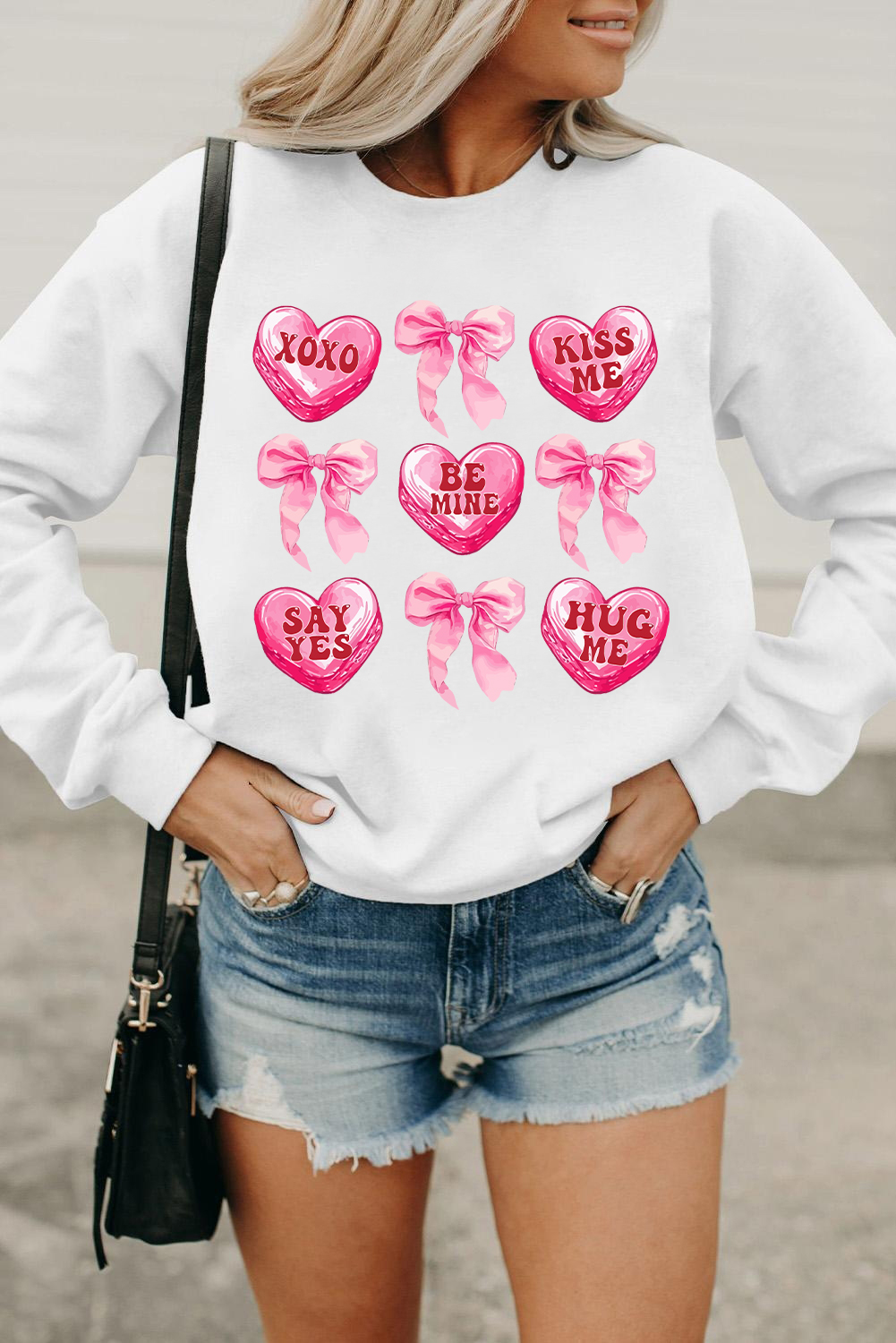 Cozy Long Sleeve White Sweatshirt Featuring Playful Love-Themed Icons for Daily Wear - Detail View 3 Cozy Long Sleeve White Sweatshirt Featuring Playful Love-Themed Icons for Daily Wear - Detail View 3