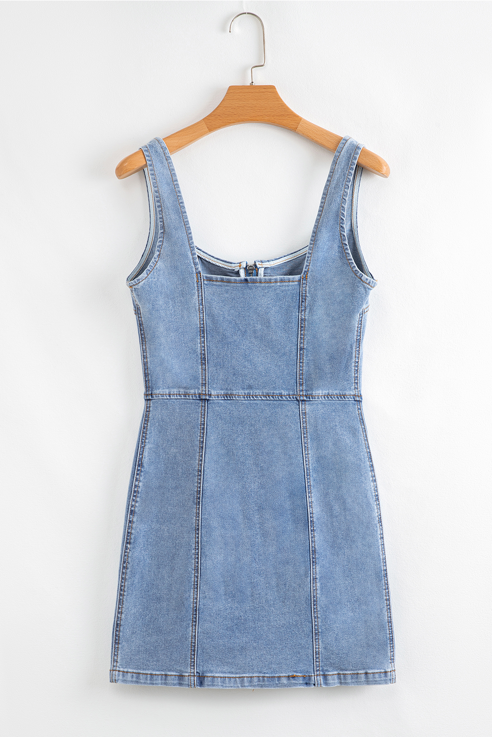 Women's Beau Blue Sleeveless Denim Mini Dress with Zipper Front and Square Neck - Detail View 9 Women's Beau Blue Sleeveless Denim Mini Dress with Zipper Front and Square Neck - Detail View 9