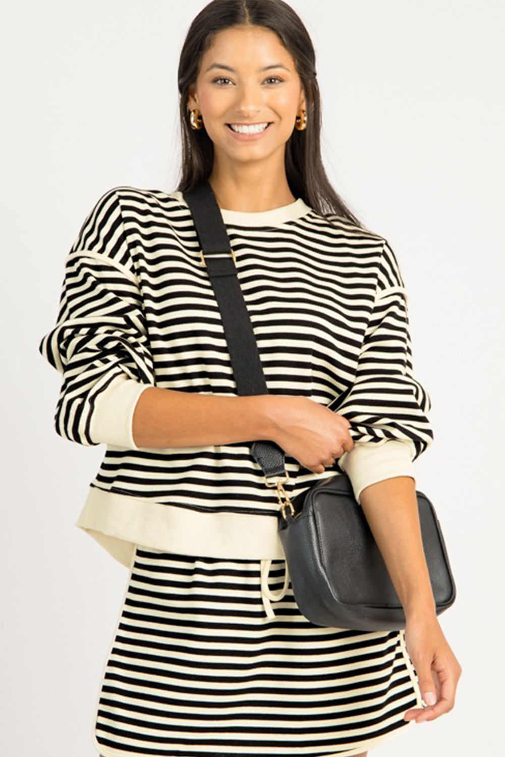 Women's Black Stripe Pullover Top & High-Waist Mini Skirt Set - Detail View 10 Women's Black Stripe Pullover Top & High-Waist Mini Skirt Set - Detail View 10