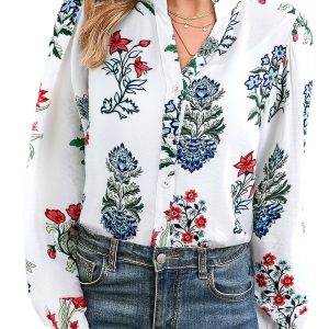 Women's White Floral Print Frilled Collar V Neck Button Down Long Sleeve Shirt - Main View