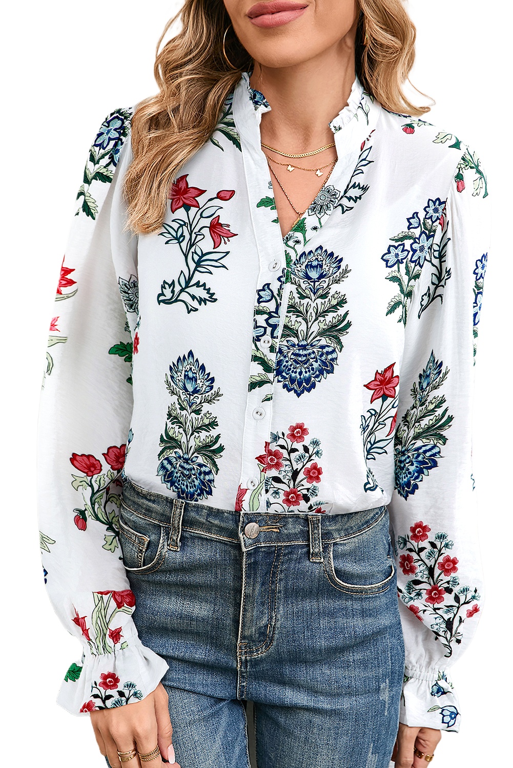 Women's White Floral Print Frilled Collar V Neck Button Down Long Sleeve Shirt - Main View Women's White Floral Print Frilled Collar V Neck Button Down Long Sleeve Shirt - Main View