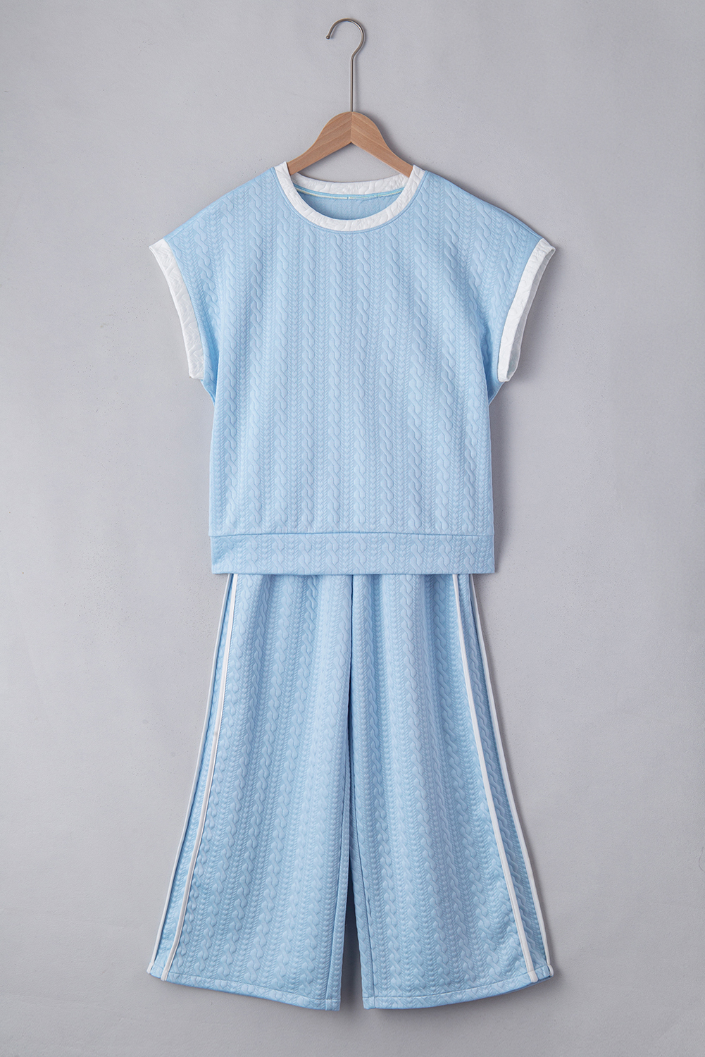 Stylish Summer Outfit for Women: Textured Fabric Tank Top and Flattering High Waist Pants in Beau Blue - Detail View 3 Stylish Summer Outfit for Women: Textured Fabric Tank Top and Flattering High Waist Pants in Beau Blue - Detail View 3