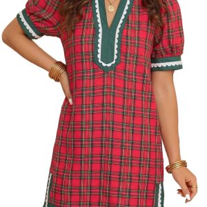 Women's Plaid Shift Mini Dress, Casual Short Sleeve Red - Main View