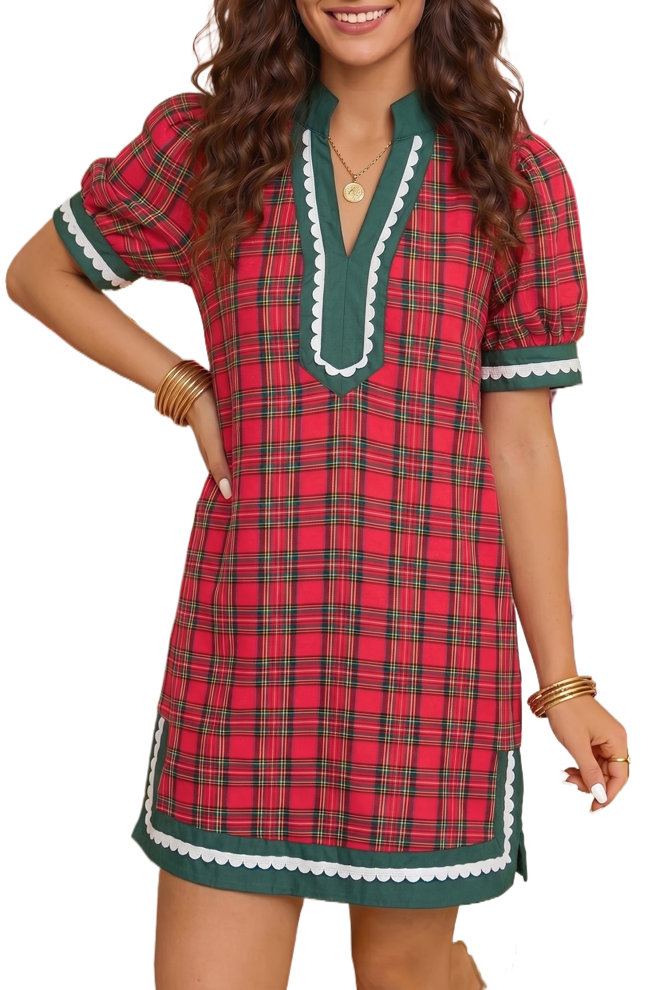 Women's Plaid Shift Mini Dress, Casual Short Sleeve Red - Main View Women's Plaid Shift Mini Dress, Casual Short Sleeve Red - Main View
