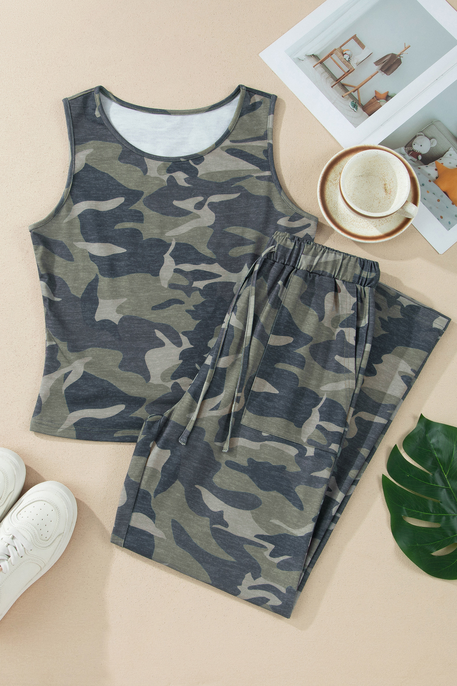 Trendy Women's Green Camo Tank and Pant Set – High Waist Sleeveless Summer Outfit for Teens - Detail View 6 Trendy Women's Green Camo Tank and Pant Set – High Waist Sleeveless Summer Outfit for Teens - Detail View 6
