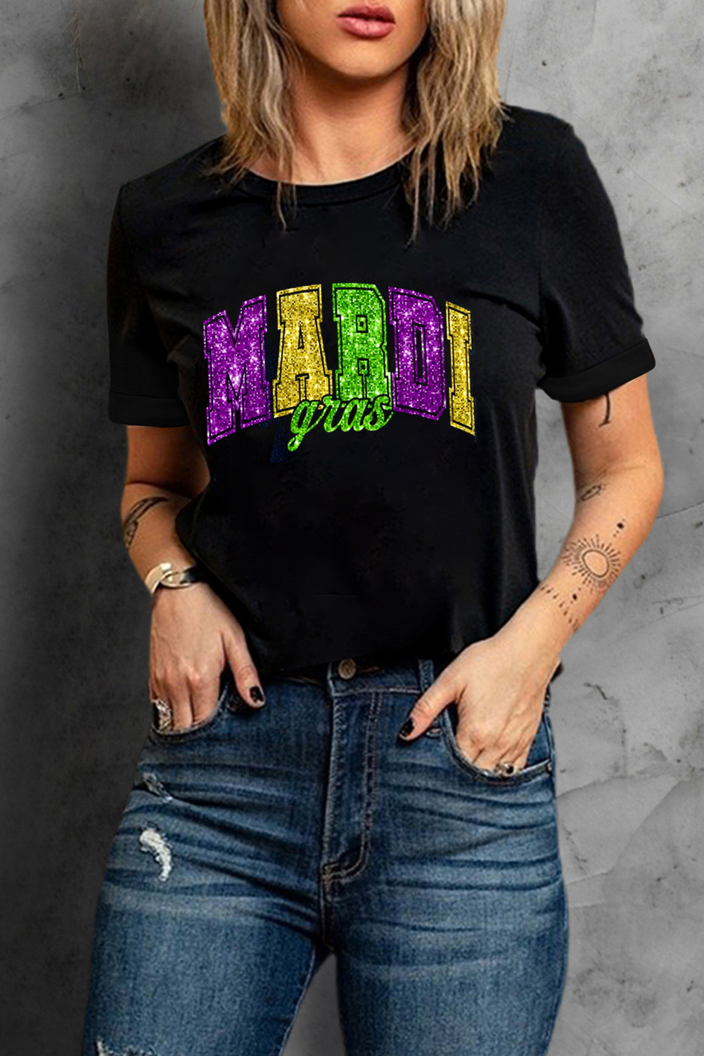 Casual Black Graphic Tee for Mardi Gras - Glittering Letter Print - Detail View 6 Casual Black Graphic Tee for Mardi Gras - Glittering Letter Print - Detail View 6