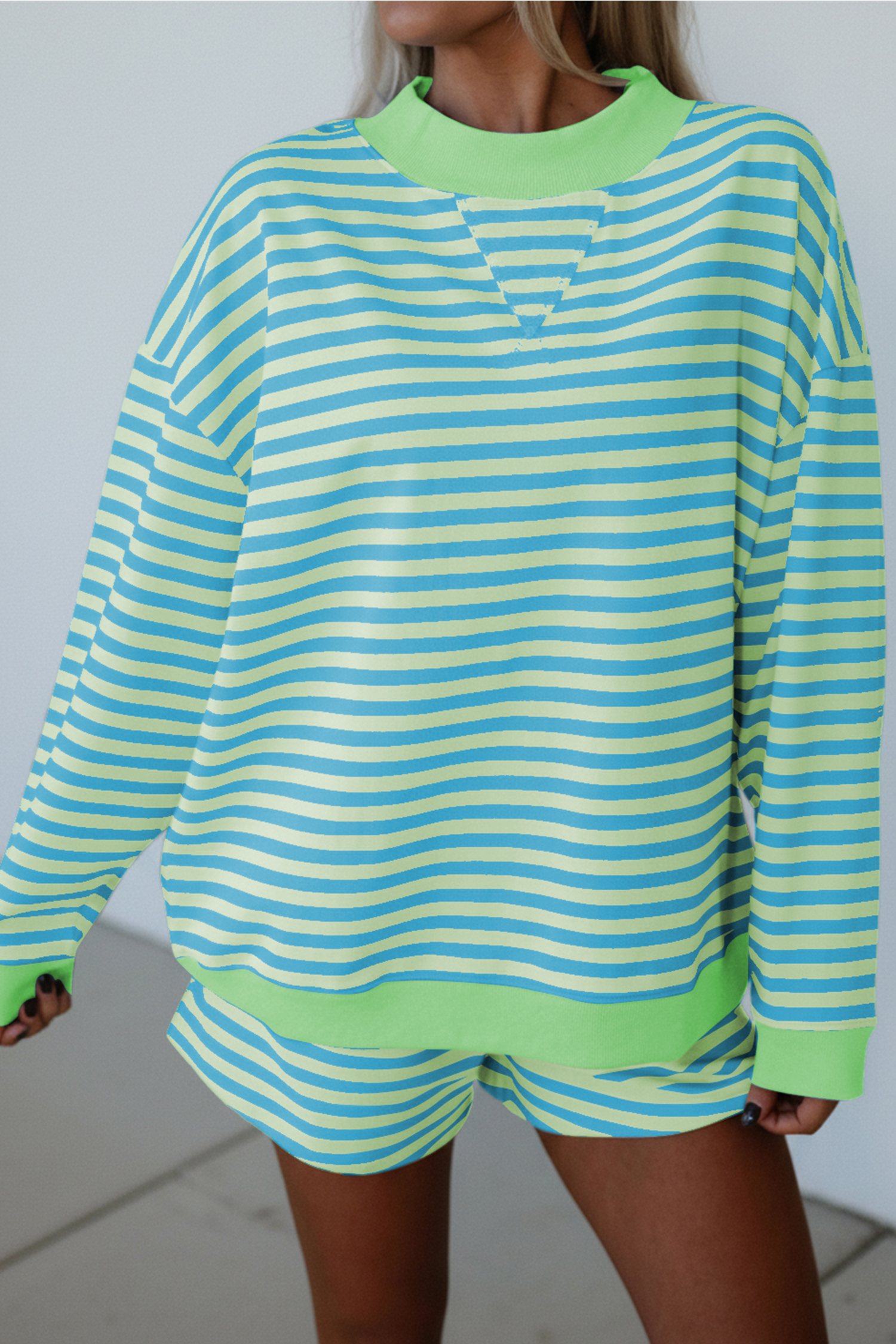 Casual Striped Long Sleeve Set for Women – Cotton Blend Pullover and Elastic Waist Shorts - Detail View 2 Casual Striped Long Sleeve Set for Women – Cotton Blend Pullover and Elastic Waist Shorts - Detail View 2
