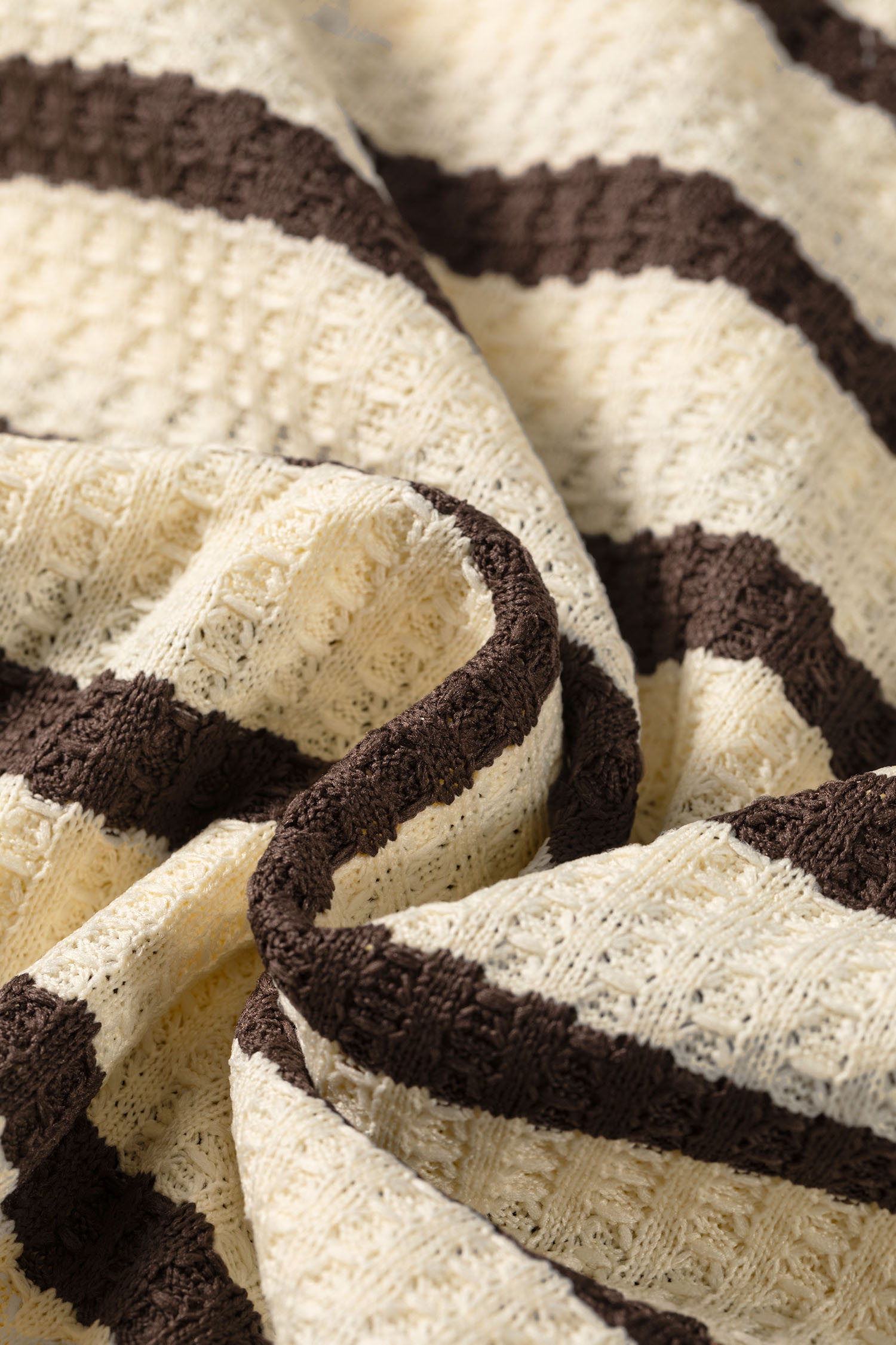 Brown Stripe Pullover, Women's Round Neck Waffle Knit Top - Detail View 14 Brown Stripe Pullover, Women's Round Neck Waffle Knit Top - Detail View 14