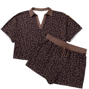 Women's Leopard Print Short Set – V-Neck Short Sleeve Top and High Waist Shorts, Western Casual Style - Main View