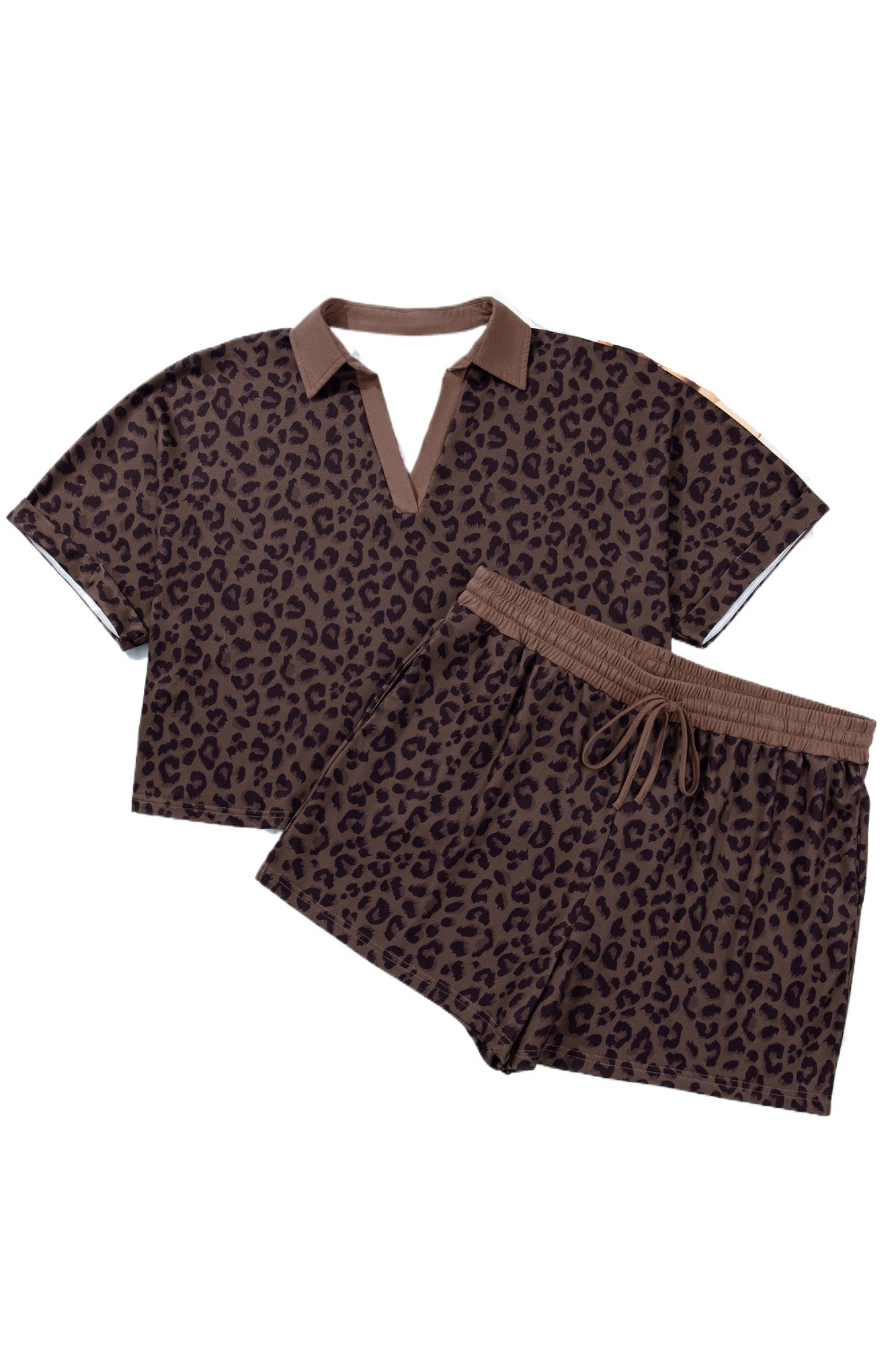 Women's Leopard Print Short Set – V-Neck Short Sleeve Top and High Waist Shorts, Western Casual Style - Main View Women's Leopard Print Short Set – V-Neck Short Sleeve Top and High Waist Shorts, Western Casual Style - Main View