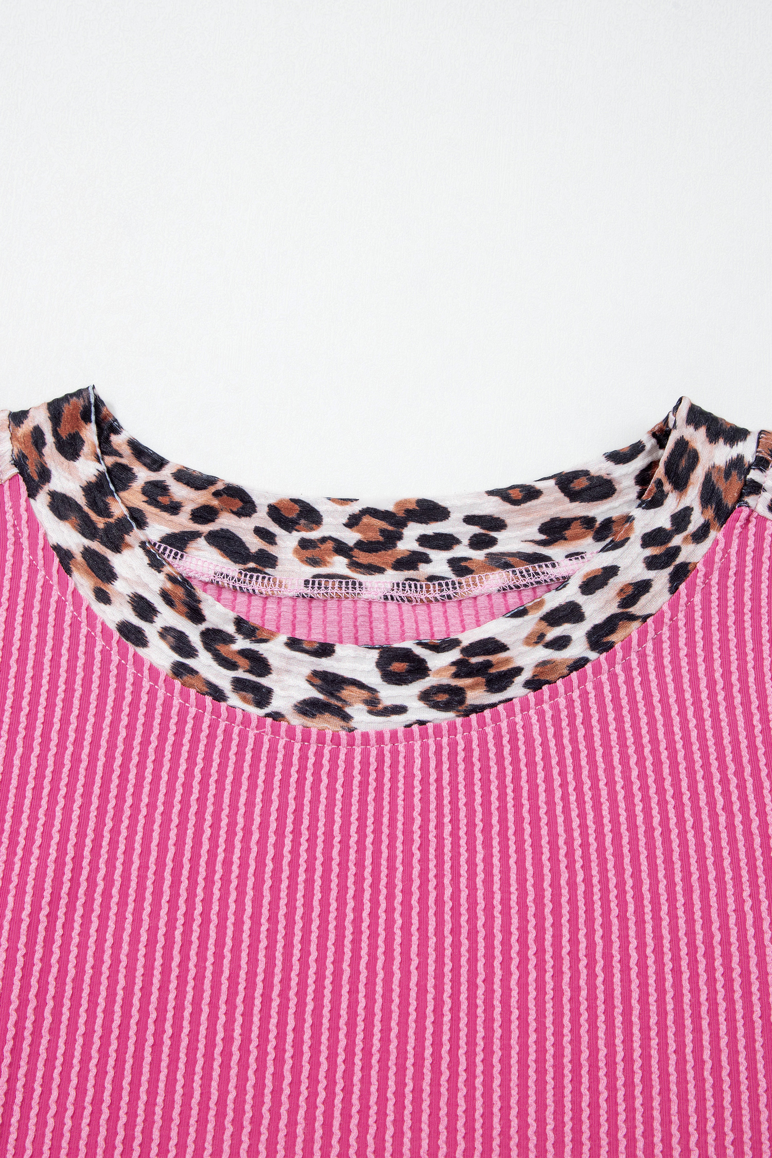 Women's Casual Ribbed Short Set – Sachet Pink with Leopard Trim, Soft Polyester Blend for Summer Loungewear - Detail View 6 Women's Casual Ribbed Short Set – Sachet Pink with Leopard Trim, Soft Polyester Blend for Summer Loungewear - Detail View 6