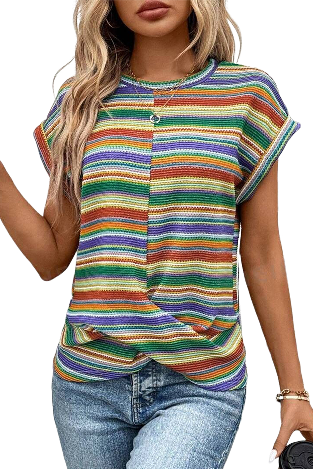Women's Top, Multicolor, Striped Pattern, Twist Hem, Short Sleeve, Casual Style, Summer Wear, Comfortable, Daily Wear, Round Neck, Shift Silhouette, Versatile Fashion, Tops & Tees - Detail View 12 Women's Top, Multicolor, Striped Pattern, Twist Hem, Short Sleeve, Casual Style, Summer Wear, Comfortable, Daily Wear, Round Neck, Shift Silhouette, Versatile Fashion, Tops & Tees - Detail View 12