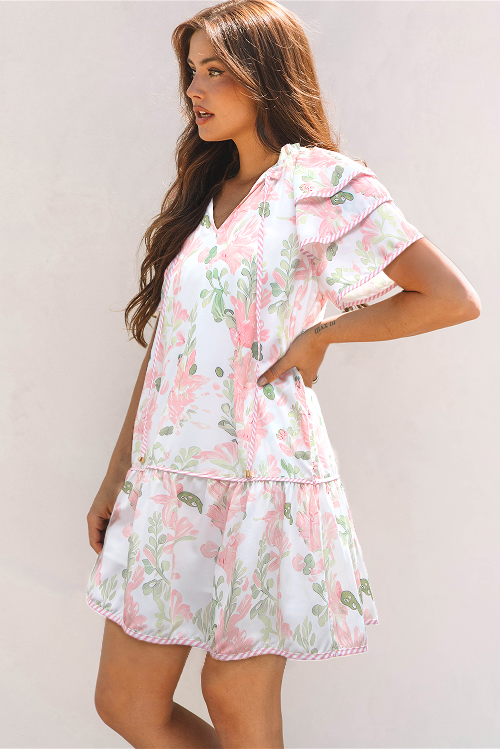 Pink Floral Summer Dress, V Neck Tiered Casual Mini Outfit - Detail View 20 Pink Floral Summer Dress, V Neck Tiered Casual Mini Outfit - Detail View 20