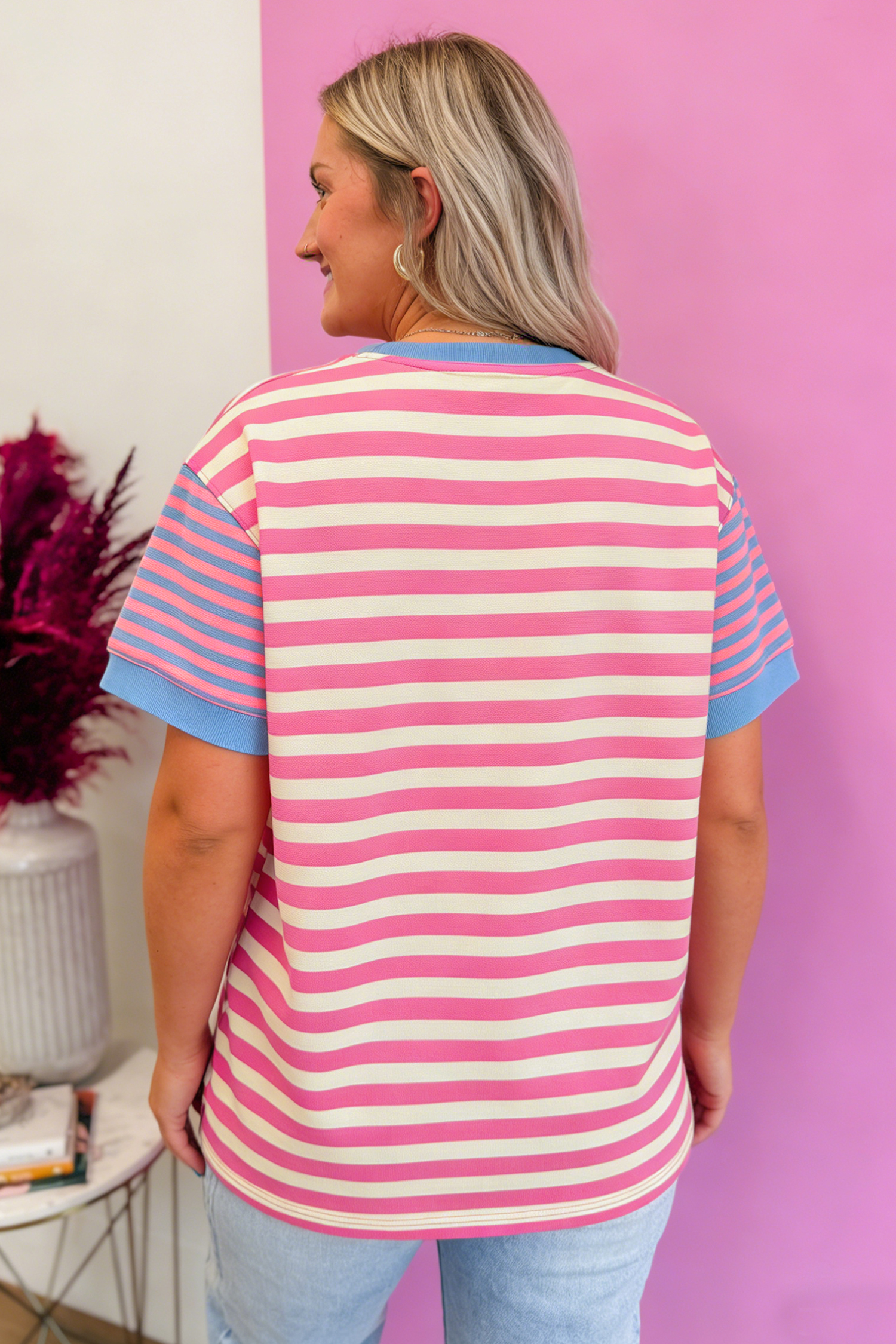 Women's Striped Colorblock Tee – Casual Loose Summer Shirt - Detail View 13 Women's Striped Colorblock Tee – Casual Loose Summer Shirt - Detail View 13