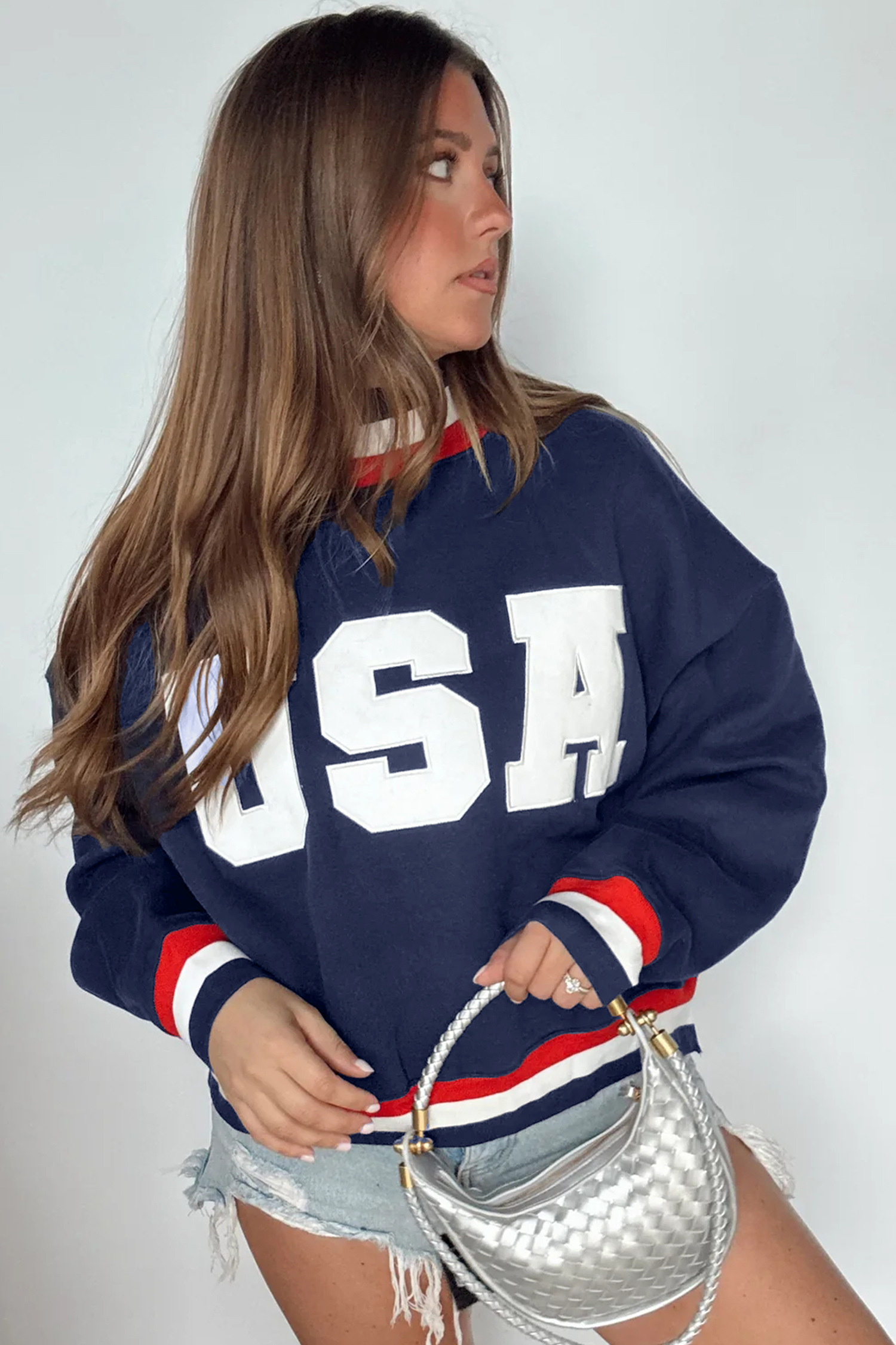 Women's USA Slogan Sweatshirt, Casual Fall Pullover - Detail View 7 Women's USA Slogan Sweatshirt, Casual Fall Pullover - Detail View 7