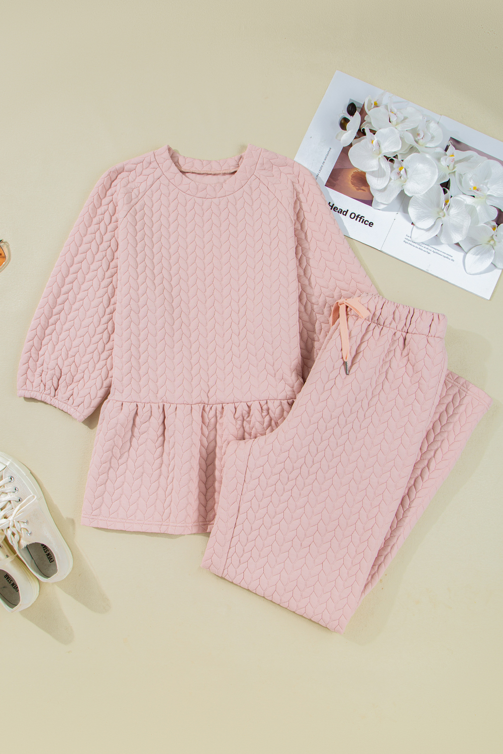 Pink Textured Lounge Set, Casual Bracelet Sleeve Pant Outfit - Detail View 3 Pink Textured Lounge Set, Casual Bracelet Sleeve Pant Outfit - Detail View 3