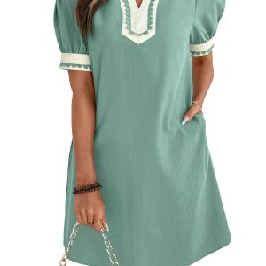 Women's Puff Sleeve Mini Dress – V Neck Color Block Shift Dress with Scallop Trim for Summer Daily Wear - Main View