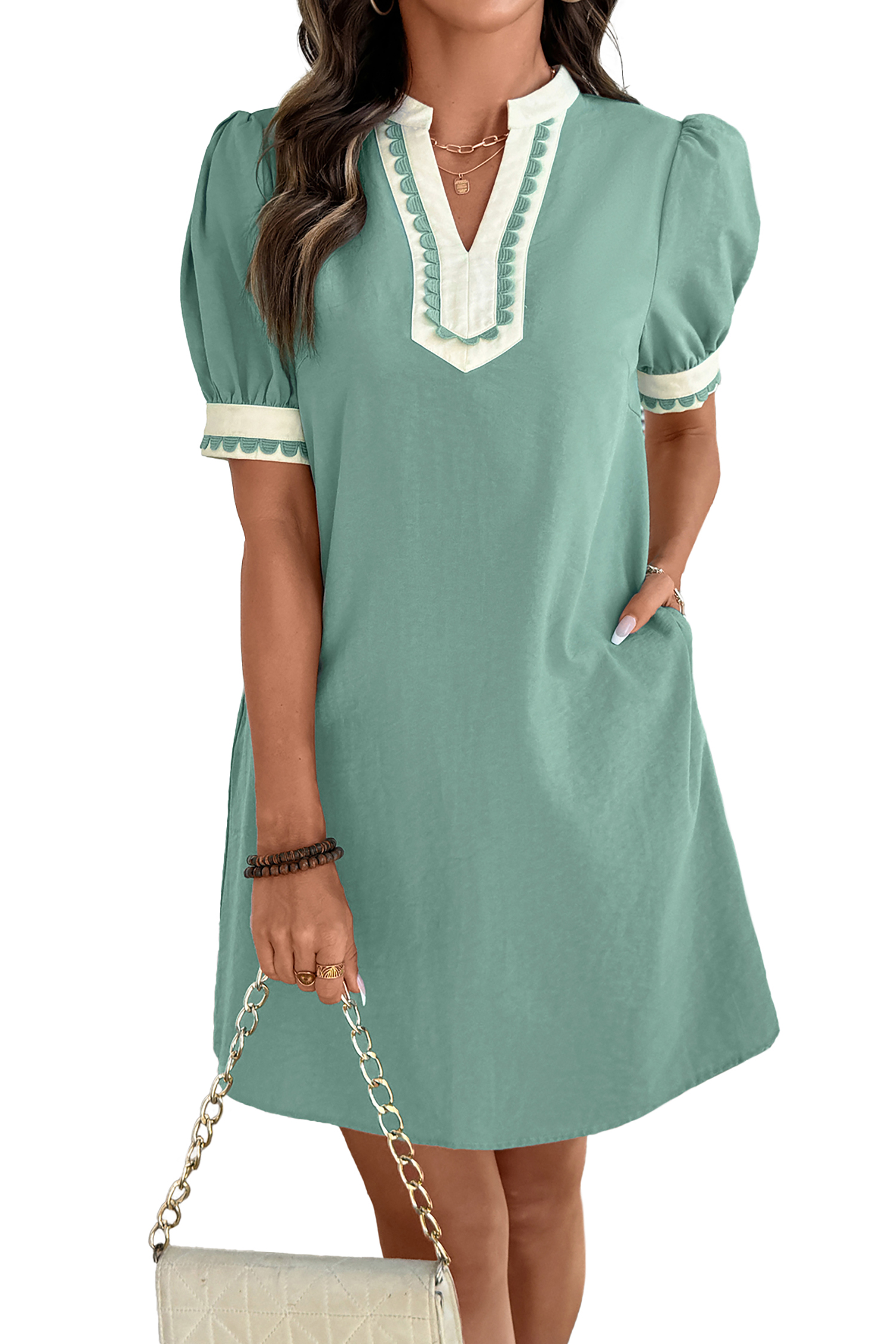 Women's Puff Sleeve Mini Dress – V Neck Color Block Shift Dress with Scallop Trim for Summer Daily Wear - Main View Women's Puff Sleeve Mini Dress – V Neck Color Block Shift Dress with Scallop Trim for Summer Daily Wear - Main View