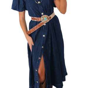 Women's Sail Blue Denim Long Dress – Button Front Short Sleeve Shift Dress for Summer - Main View
