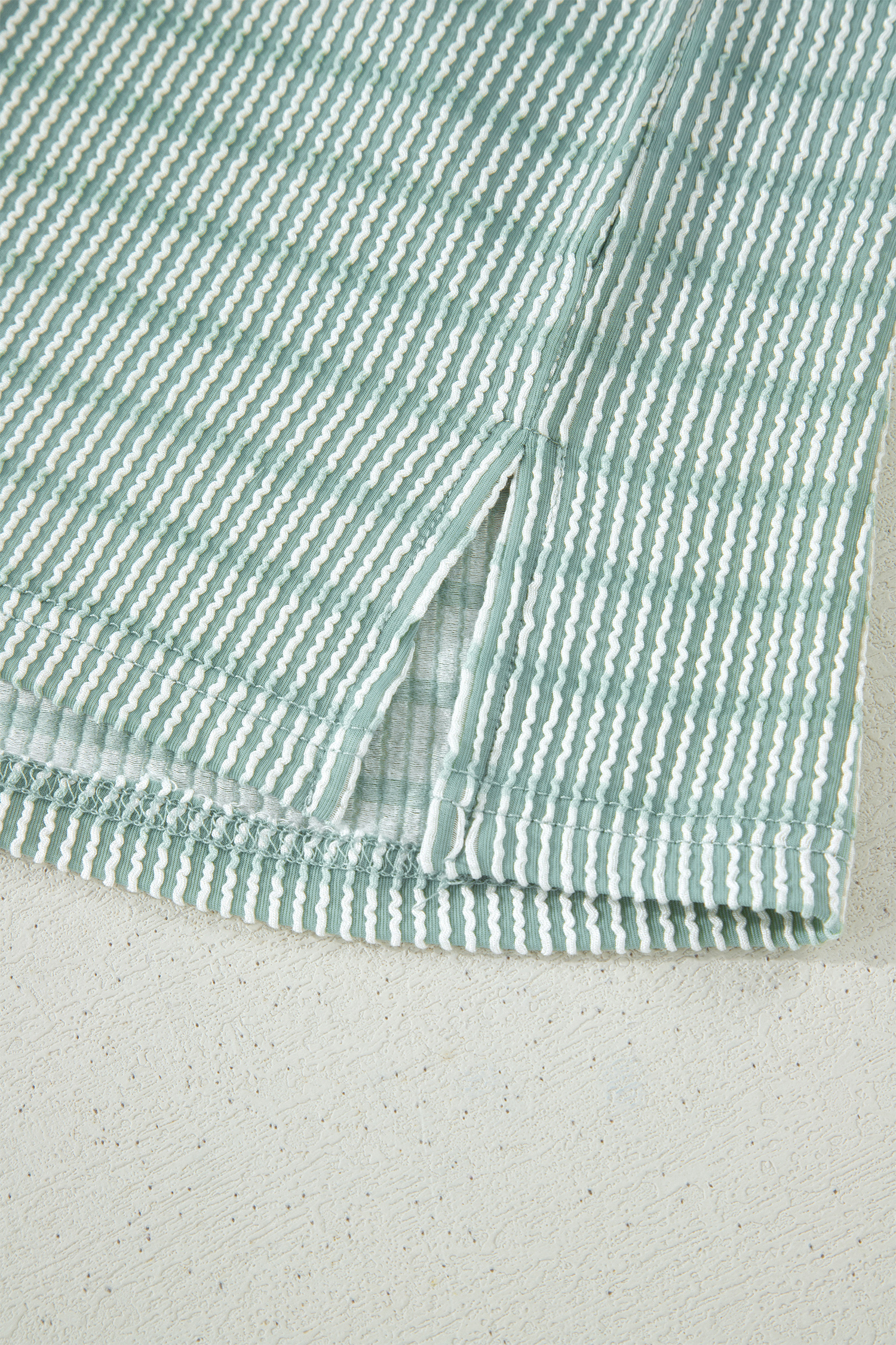 Green Striped Summer Lounge Set for Women – Short Sleeve Ribbed Top and Elastic Waist Shorts, Relaxed Fit - Detail View 11 Green Striped Summer Lounge Set for Women – Short Sleeve Ribbed Top and Elastic Waist Shorts, Relaxed Fit - Detail View 11