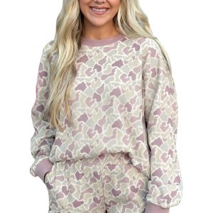 Women's Camo Waffle Knit Long Sleeve Top & Shorts Set - Main View