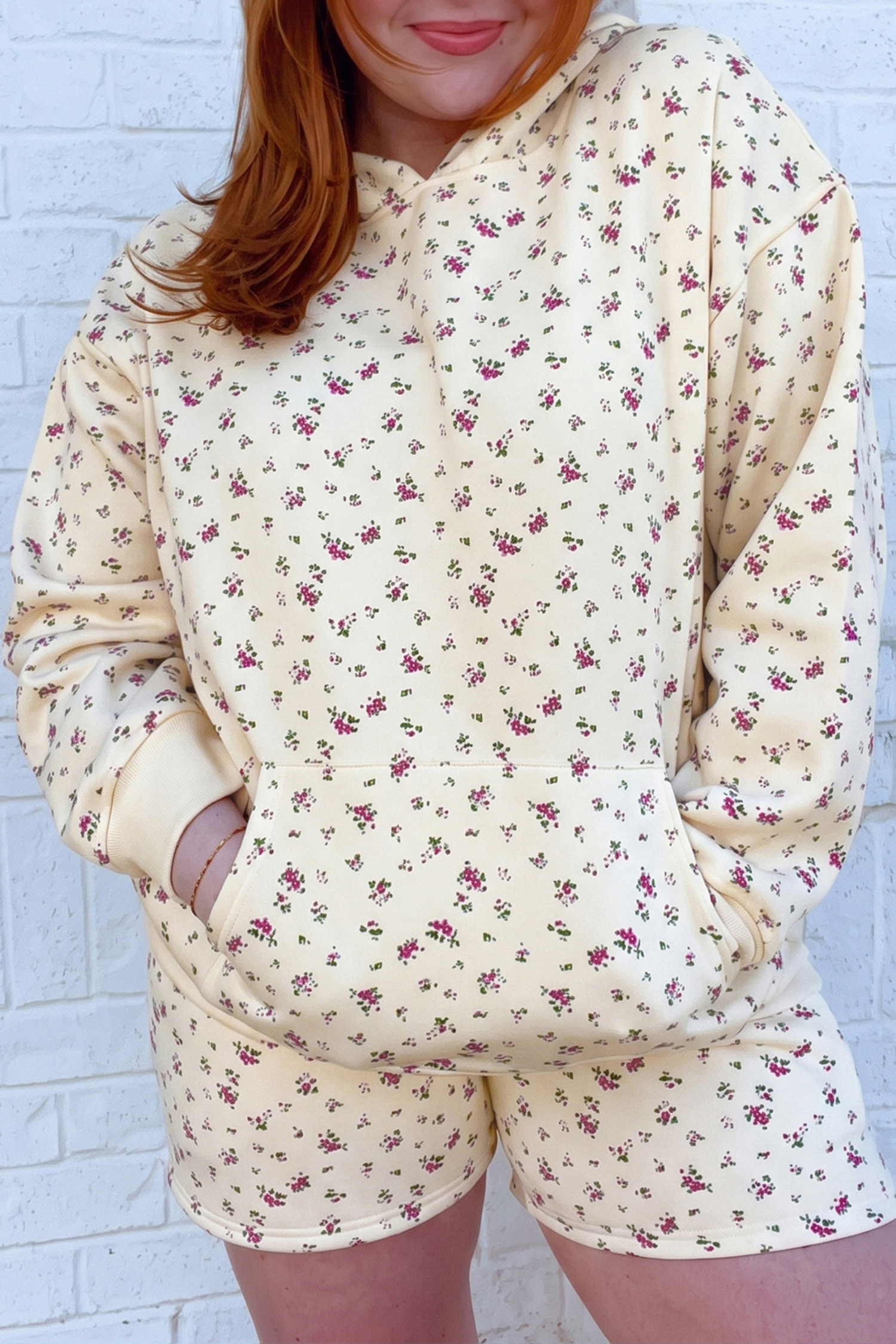 Floral Hooded Two Piece Set, Women's Casual Long Sleeve Wear - Detail View 3 Floral Hooded Two Piece Set, Women's Casual Long Sleeve Wear - Detail View 3