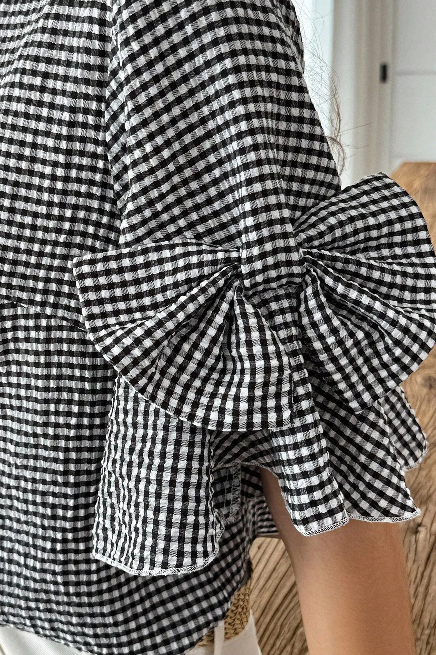Chic Plaid Shift Top for Women - Ruffled Half Sleeve Round Neck Blouse, Summer Casual Style - Detail View 11 Chic Plaid Shift Top for Women - Ruffled Half Sleeve Round Neck Blouse, Summer Casual Style - Detail View 11